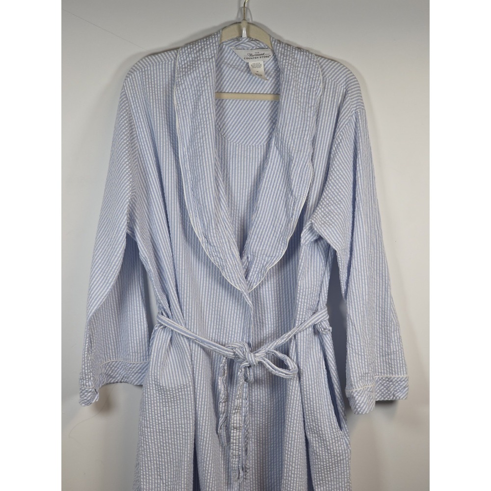 Vermont Country Store Unisex 3XL Robe Seersucker Blue Stripe Belted Lounge
